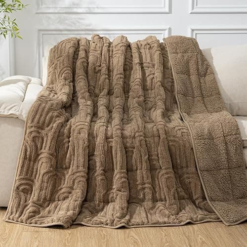 Cottonblue Jacquard Weighted Blanket for Adults 15 lbs Queen Size, Cozy Fluffy Sherpa Fleece Weighted Throw Blankets 60" x 80" for Sleep Relax, Fuzzy Warm Arch Heavy Blanket Soft for Bed Couch, Khaki - Image 1