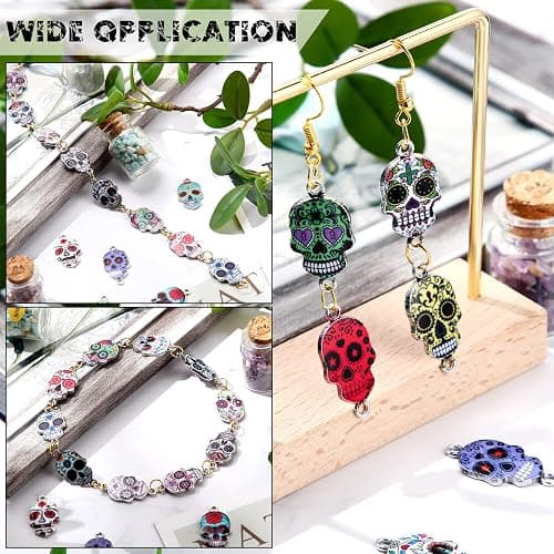 MTLEE 100 Pieces Halloween Sugar Day of The Dead Charms Enamel Skull Pendants Alloy Colorful for DIY Necklaces Bracelets Bangles Key Chains Earring Jewelry Accessories thumbnail 4