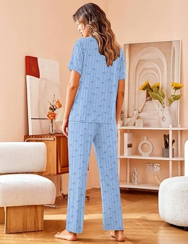 Avidlove Women Pajamas Set Notch Collar Soft Sleepwear Pjs Short Sleeve Button Down Nightwear with Long Pants thumbnail 2