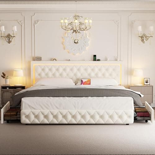 VOHOBY King Bed Frame with 4 Storage Drawers, Velvet Upholstered Bed Frame King Size with Charging Station and LED Lights, 46" Adjustable Button Tufted Headboard, No Box Spring Needed, Beige thumbnail 7