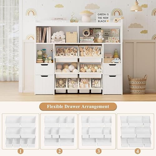 HORSTORS 55" W Toy Storage Organizer with Drawers, Large Kids Toy Storage Box with Removable Bins, Tall Kids Bookshelf and Bookcase for Boys and Girls, Modern Toy Chest for Playroom, Classroom, White thumbnail 7