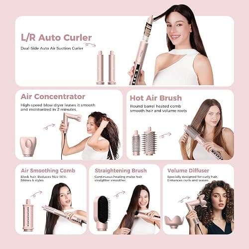 Atopskins 8-in-1 Hair Dryer Brush & Hot Air Styler, 110,000 RPM Blow Dryer Brush Foldable LCD Display, 4 Heat Settings Auto Curler Fast Drying Curling Straightening for Salon & Travel (Pink) thumbnail 2