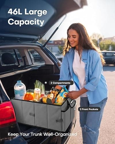 HOTOR Trunk Organizer - Foldable Car Organizer for SUVs & Sedans Storage | Sturdy Car Organization for Men & Women, Car Accessories, Tools, Sundries, Grey, 2 Compartments, 21.3" x 12.6" x 10.6" thumbnail 3