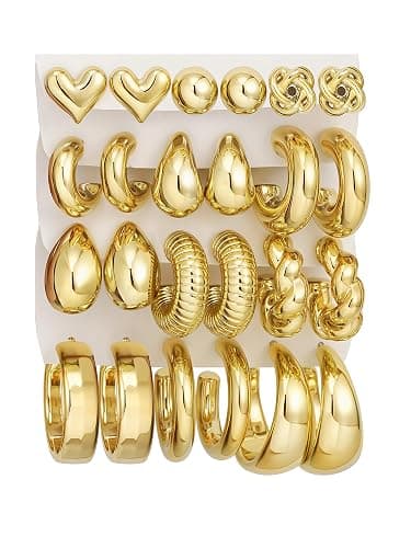 12 Pairs Chunky Silver Hoop Earrings for Women Trendy, Silver Plated Lightweight Thick Open Twisted Stack, Non Tarnish Huggie Hoops Earring Set - Image 1