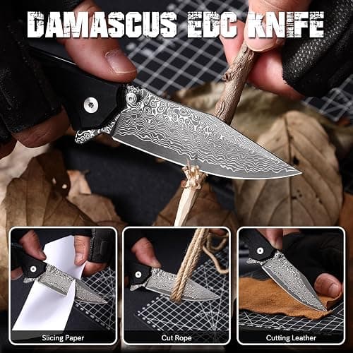 SECANOX Damascus Pocket Knife, 3.35" Sharp Damascus Steel Blade Folding Knives with G10 Handle, EDC Knifes for Men Camping Hiking thumbnail 6