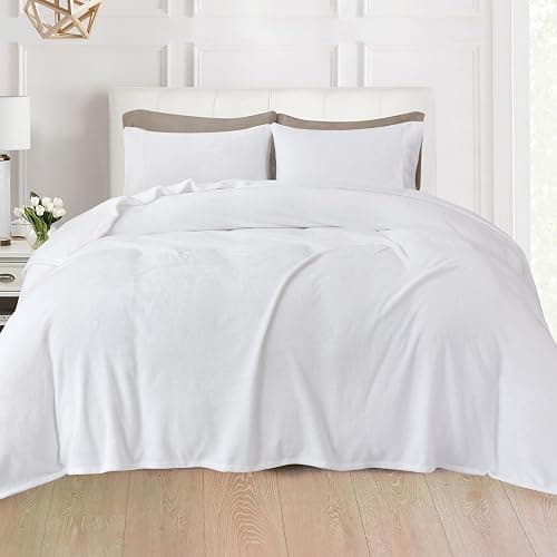 Elegant Comfort Luxuriously Soft 4-Piece Velvet Plush Flannel Sheet Set - Premium Quality - Cozy Warm, Anti-Static, Non Pilling Fuzzy Velvet Flannel Fleece Deep Pocket Sheet Set - Twin XL, White thumbnail 2