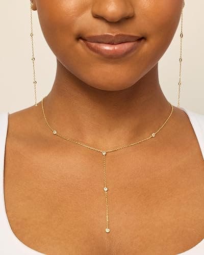 PAVOI 14K Gold Plated Drop Lariat Chain for Women - Gold Cubic Zirconia Long Necklace - Station Star Layered Beaded Y Necklace thumbnail 2