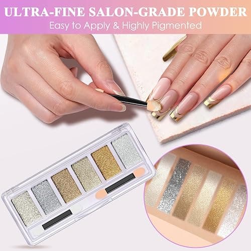 Gold Silver Chrome Nail Powder, 6 Colors Holographic Unicorn Iridescent Nail Chrome Powder, Metallic Mirror Effect Light Gold Champagne Chrome Powder Palette Pigment Glitter for Nail Art thumbnail 3