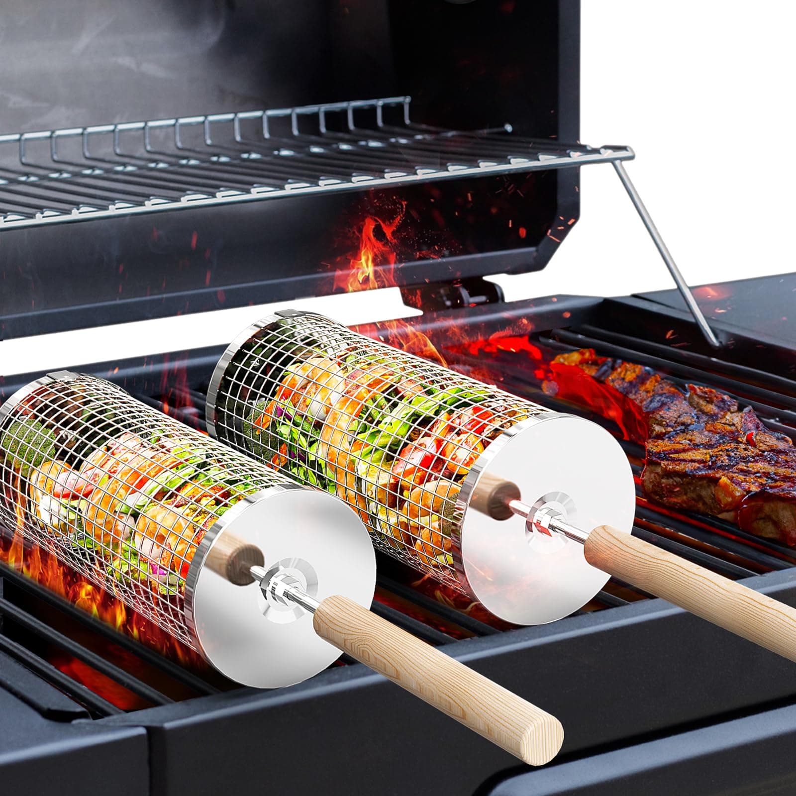 Rolling Grill Baskets, Removable Wooden Handle, 304 Stainless Steel, Nesting Grilling Net, BBQ Accessories Tools for Vegetables Shrimp, Outdoor Cooking Camping, Birthday Gifts for Men Dad Husband - Image 1