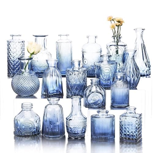 Fixwal Set of 18 Blue Bud Vases for Flowers, Vintage Clear Glass Vases Small Vases for Centerpieces for Home Table Decor Rustic Wedding Decorations - Image 1