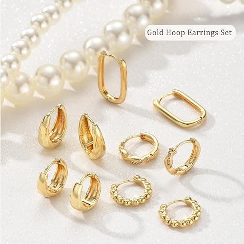 9 Pairs Small Gold/Silver Hoop Huggie Earrings Set for Women, 14K Gold Plated Chunky Hoop Small Earring Hypoallergenic Thick Open Lightweight Chunky Hoop Earrings Jewelry for Gifts thumbnail 4