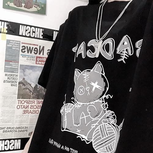 Women's Goth T-Shirt Summer Graphic Harajuku Gothic Creepy Cat Print Novelty Short Sleeve Top thumbnail 3