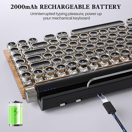 Retro Typewriter Keyboard Wireless, Mechanical Gaming Vintage Keyboard 83-Key Blue Switches Bluetooth 5.0 Punk Round Keycap, 14 Modes LED Backlight, Type-C, Compatible with PC/Laptop/Pad/Phone, Wood thumbnail 7