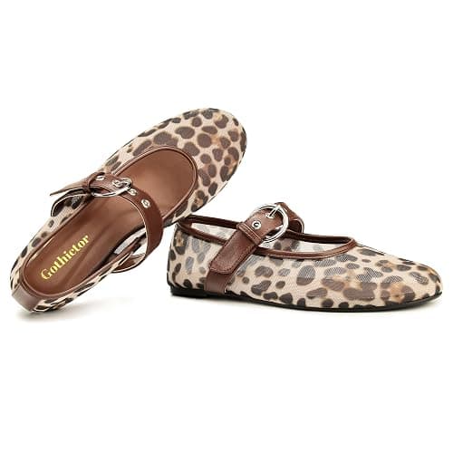 Gothictor Leopard Flats for Women Mesh Flats Ballet Flats Mary Jane Flats Women's Dress Shoes Ballet Shoes thumbnail 5