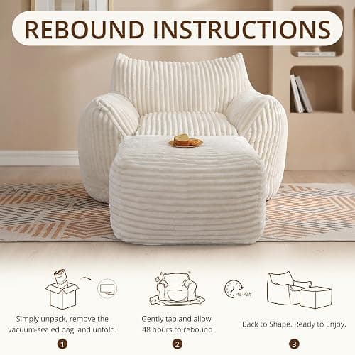 zzlay Giant Bean Bag Chair for Adults, Large Cloud Comfy Bean Bag with Ottoman & Armrests, Stuffed Beanbag Chair for Reading, Gaming, Napping, Beige thumbnail 5