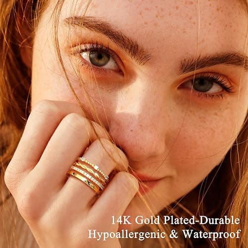 FUNRUN JEWELRY Stackable Gold Rings for Women Non Tarnish 14K Gold Plated Minimalist Cubic Zirconia Statement Engagement Promise Band Rings Thin Dainty Knuckle Thumb Ring Set Size 5-10 thumbnail 3