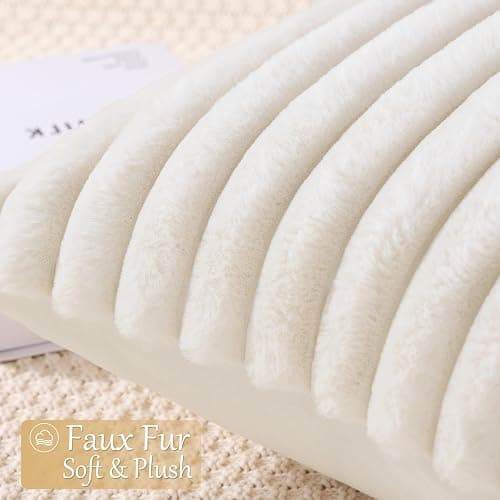 decorUhome Set of 4 Faux Fur Throw Pillow Covers 18x18 Inch Decorative Farmhouse Modern Soft Plush Striped Couch Pillow Covers with Velvet Back for Sofa, Bed, Living Room, Cream White thumbnail 3