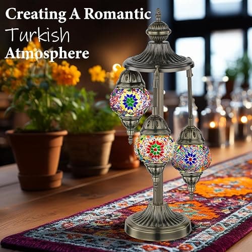 Marrakech Turkish Lamp 3 Globes Moroccan Table Lamp with Bronze Base, 23" Tall Handmade Colorful Tiffany Mosaic Glass Night Light Fixture Including LED Bulb for Living Room Bedroom Decor thumbnail 2