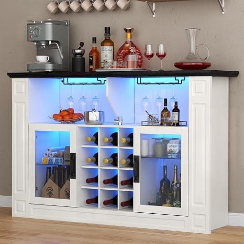 Gyfimoie Wine Bar Cabinet with LED Light, Kitchen Coffee Bar Cabinet with Glass Rack and Removable Wine Racks, Liquor Cabinet with Glass Door, Home Bar with Storage for Dining Room, Living Room - Image 1