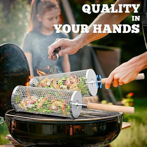 ivtivfu Rolling Grill Basket, Removable Wooden Handle, 304 Stainless Steel, Nesting BBQ Tools, Smoker Grilling Accessories for Vegetable, Outdoor Cooking Camping, Birthday Gifts for Men Dad Husband thumbnail 3