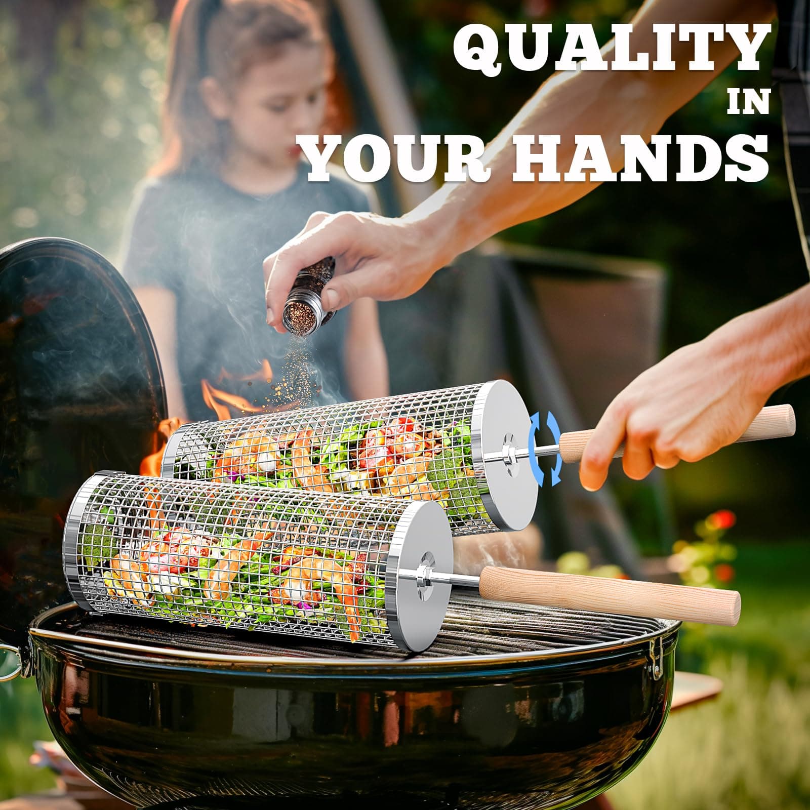 Rolling Grill Baskets, Removable Wooden Handle, 304 Stainless Steel, Nesting Grilling Net, BBQ Accessories Tools for Vegetables Shrimp, Outdoor Cooking Camping, Birthday Gifts for Men Dad Husband thumbnail 3