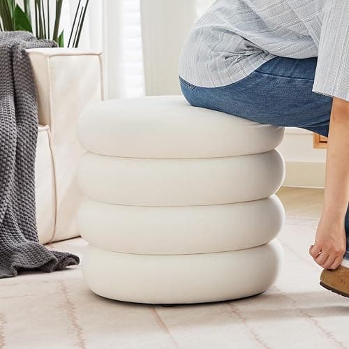 Zibeths Round Velvet Storage Ottoman with Removable Lid, Small Tufted Vanity Stool for Dorm, Modern Compact Footrest for Bedroom Entryway Lounge, White thumbnail 8