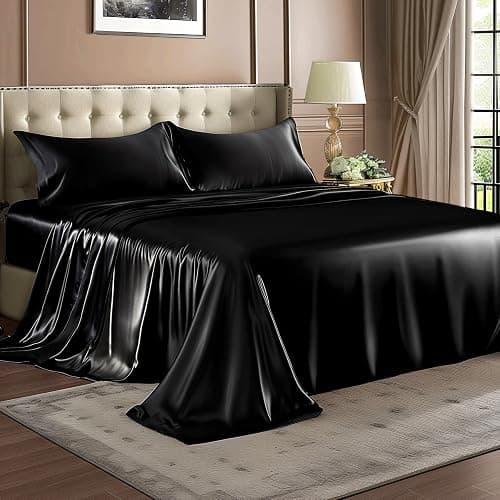 BEDELITE Satin Sheets Queen Size Bed Set, Luxury Soft Black Silky Sheets for Hair and Skin, Similar to Silk Bed Sheets Set 4 Pieces with 1 Deep Pocket Fitted Sheet, 1 Flat Sheet, and 2 Pillowcases thumbnail 2