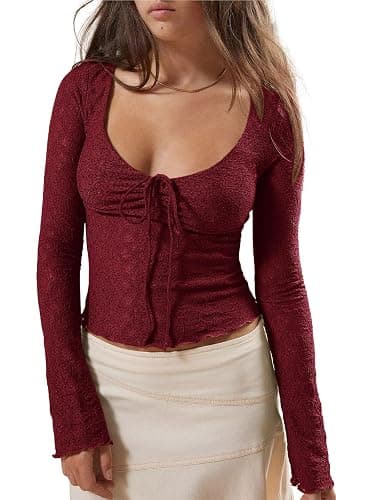 Imily Bela Womens Long Sleeve Scoop Neck Tops Going Out Crop Tops Sexy Slim Fit Blouses Lace Shirts - Image 1