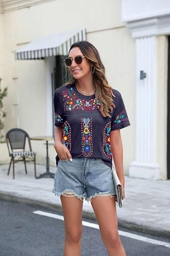 Embroidered Mexican Peasant Blouse Women Summer Boho Shirt Mexico Fiesta Short Sleeve Tops thumbnail 2