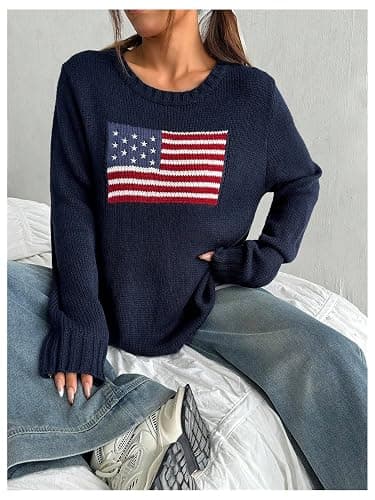 SweatyRocks Women's Flag Pattern Long Sleeve Round Neck Sweater Casual Loose Pullover Sweater thumbnail 4