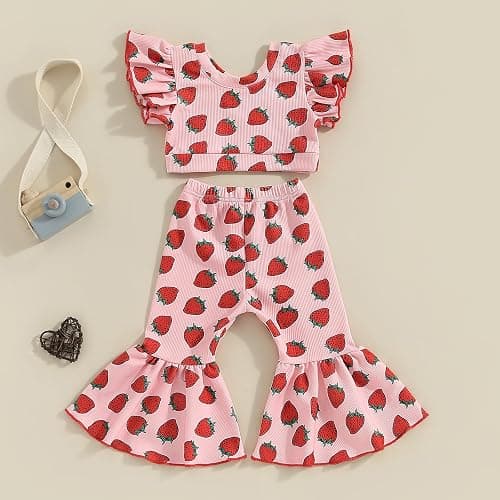 Honganda Fashion 2Pcs Toddler Baby Girl Strawberry Outfit Set Ruffle Short Sleeve Crop Top Flared Pants Summer Knit Clothes thumbnail 3