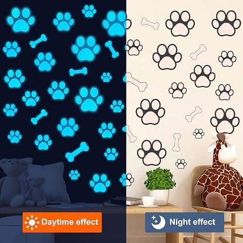 Glow in The Dark Dog Paw Print Wall Decals - Removable Vinyl Bone Stickers for Pup Room Decor - Animal Footprint Decals for Kids Boys Girls Bedroom Nursery - Blue thumbnail 4
