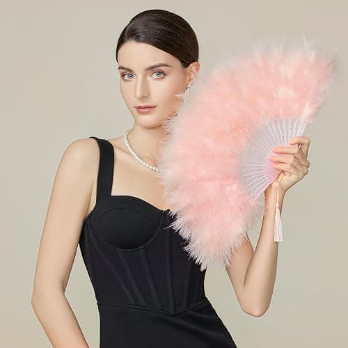 BABEYOND Marabou Feather Fan 20s Vintage Folding Fan Flapper Hand Fan for Costume Dancing Show Tea Party Wedding Decoration (Pink-Pink Rib) thumbnail 2