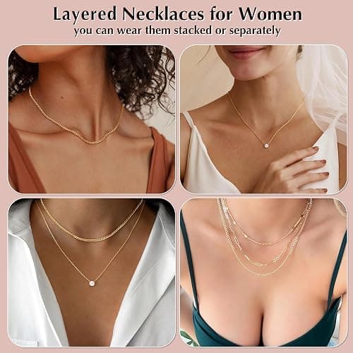 WomenGifts Layered Gold Necklaces for Women, 14K Gold Sterling Silver Plated Dainty Pendant Necklace Set Non Tarnish, Chunky Stackable Cuban Chain Choker, Trendy Birthstone Vacation Jewelry Gift thumbnail 5