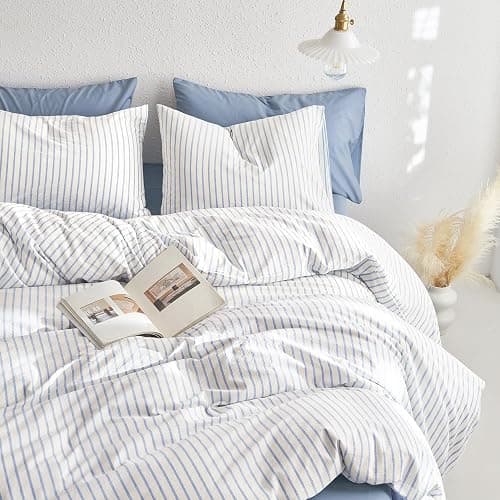Wake In Cloud - Striped Cotton Duvet Cover Set, Ticking Stripe Vertical Pinstripe Farmhouse, 100% Washed Cotton Textured Percale Bedding Set, 3 Pieces, Blue White, Twin Size thumbnail 5