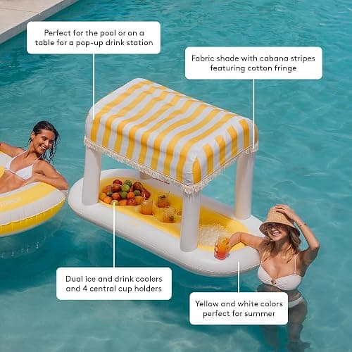 Giant Floating Yellow Cabana Stripe Drink Station, Removable Fabric Shade with Fringe, Perfect for Parties, Table-Top Decorations and in-Pool Refreshments. thumbnail 4