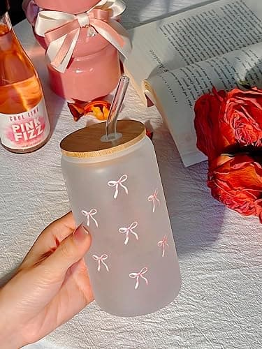Loihayazea Cute Coquette Pink Aesthetic Bow Glass Cups with Lids and Straws, Preppy Girly Trendy Stuff Gifts for Women Teen Girls, 16oz Iced Coffee Cup, Glass Tumbler, Matcha Cup (Pink Bow) thumbnail 4