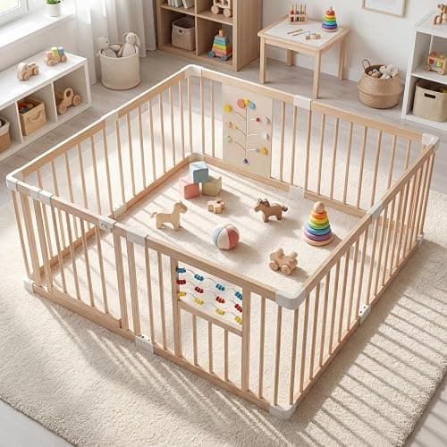 INFANS Wooden Baby Playpen with Adjustable Size & Shape, 8 Panels, Child Proof Lock, Easy to Assemble, 63" x 63" Portable Play Yard for Babies Toddlers - Image 1