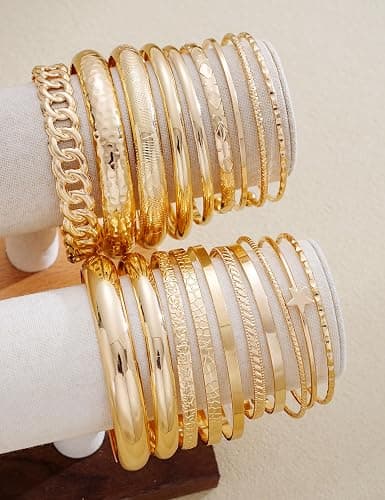 ÌF ME Gold Bangle Bracelets for Women, 19Pcs Multi Stackable Bangles Set | 14K Gold Plated, Chunky Textured Bracelet Stack, Fashion Boho Jewelry, Indian Bangles, Gifts for Women thumbnail 9