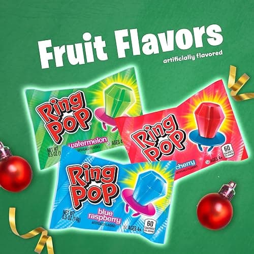 Ring Pop Candy, Christmas Lollipops, 20 Ct Party Favors in Assorted Fruity Flavors - Full Size, Bulk Variety Pack, Individually Wrapped Hard Candy For Stocking Stuffers, Holiday Gifts thumbnail 4