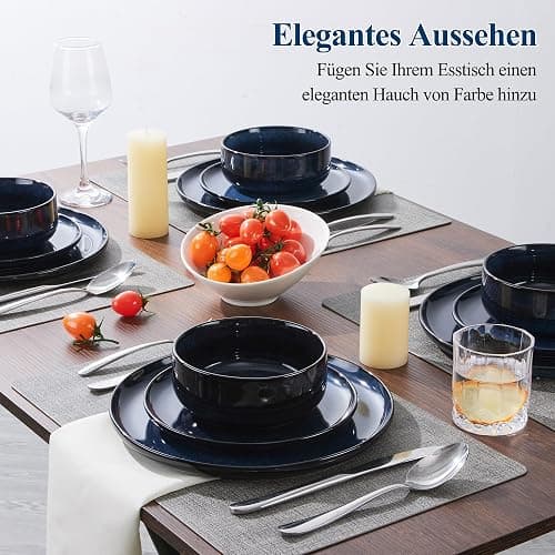 Joyfair Geschirrset 6 Personen, 18-tlg Steinzeug Tafelservice Set, Kratzfest Reaktive Glasur Geschirr Set mit Speiseteller, Dessertteller, Müslischalen, Mikrowellen- & Spülmaschinenfest, Tiefsee Blau thumbnail 6