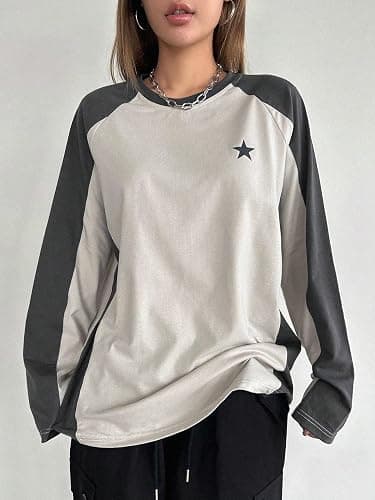 SHENHE Women's Color Block Crew Neck Star Graphic Raglan Shirt Loose Long Sleeve Tee Top thumbnail 4