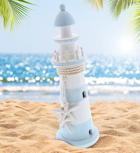 CoTa Global Blue Lagoon Lighthouse Decor - Handmade and Crafted Wooden Lighthouse Decoration with White Starfish, Decorative Beach Style Tabletop Centerpiece - 12 Inches thumbnail 5