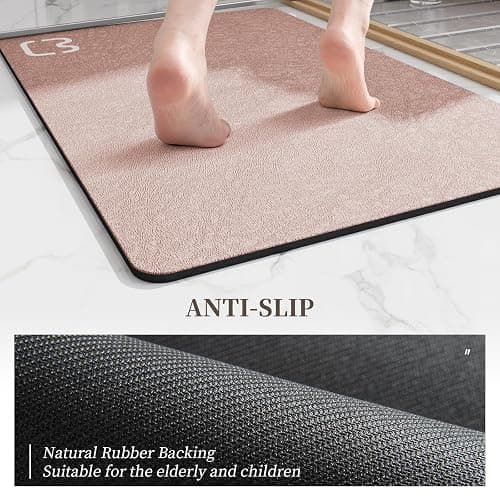 Diatomaceous Earth Bath Mat Rugs Quick Dry Super Absorbent Non Slip Rubber Bottom Thin Bathroom Mat Fit Under Door, Floor Rugs in Front of Bathtub,Shower Room,Sink,Washable, 15.7"x23.6", Blush Pink thumbnail 4