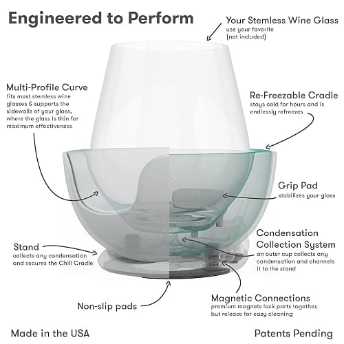 VoChill Stemless Wine Glass Chiller | Keep the Chill In Your Glass | Made In USA | Separable & Refreezable Chill Cradle | Actively Chills Stemless Glassware | Sand, Single Stemless thumbnail 9