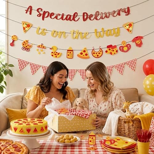 NOVBAUB Pizza Baby Shower Decorations Special Delivery is On The Way Banner | 4PCS Pizza Special Delivery Baby Shower Garland, Pre-Assembly, Gender Reveal Party Supplies, Fast Food Theme thumbnail 4