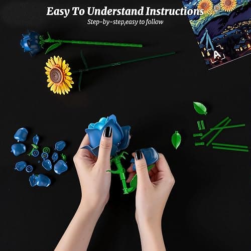 Teefrye Blue Rose Sunflower Building Block Set: Compatible with Lego Flowers Adults Women Gothic Artificial Botanical Collection Van Gogh Starry Night Christmas Valentine's Gifts Home Decor (832 PCS) thumbnail 7