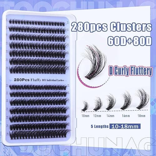 Fluff Lash Clusters 60D+80D Thick Eyelash Clusters D Curly Wispy Individual Lashes 10-18mm Cluster Eyelash Extensions 280pcs False Eyelashes DIY Flat Lash Extension by TOOCHUNAG thumbnail 4