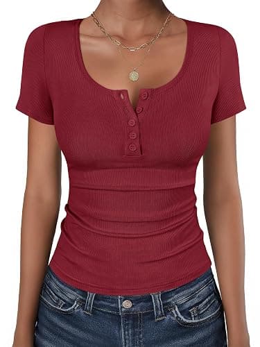 ANRABESS Womens Short Sleeve Henley Shirts Ribbed Slim Fitted Tee Summer Work Tops 2026 Button Blouse Spring Vacation Clothes - Image 1