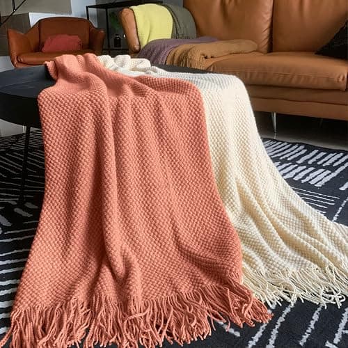 LOMAO Knitted Throw Blanket with Tassels Bubble Textured Lightweight Throws for Couch Cover Home Decor (Coral, 60x80) thumbnail 8